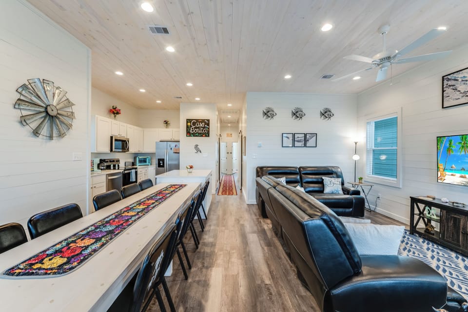 Spacious dining for ten, fully equipped kitchen.