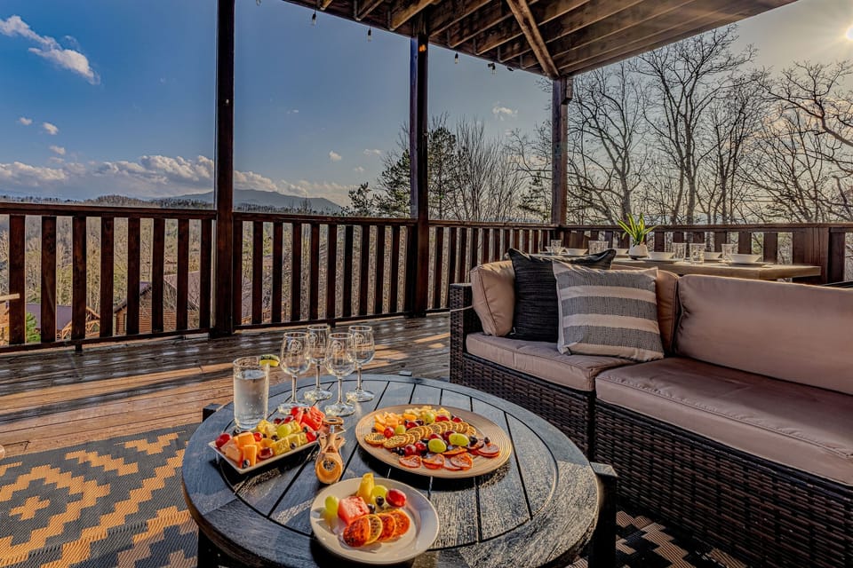 Enjoy a large covered outdoor deck with Smoky Mountain View!