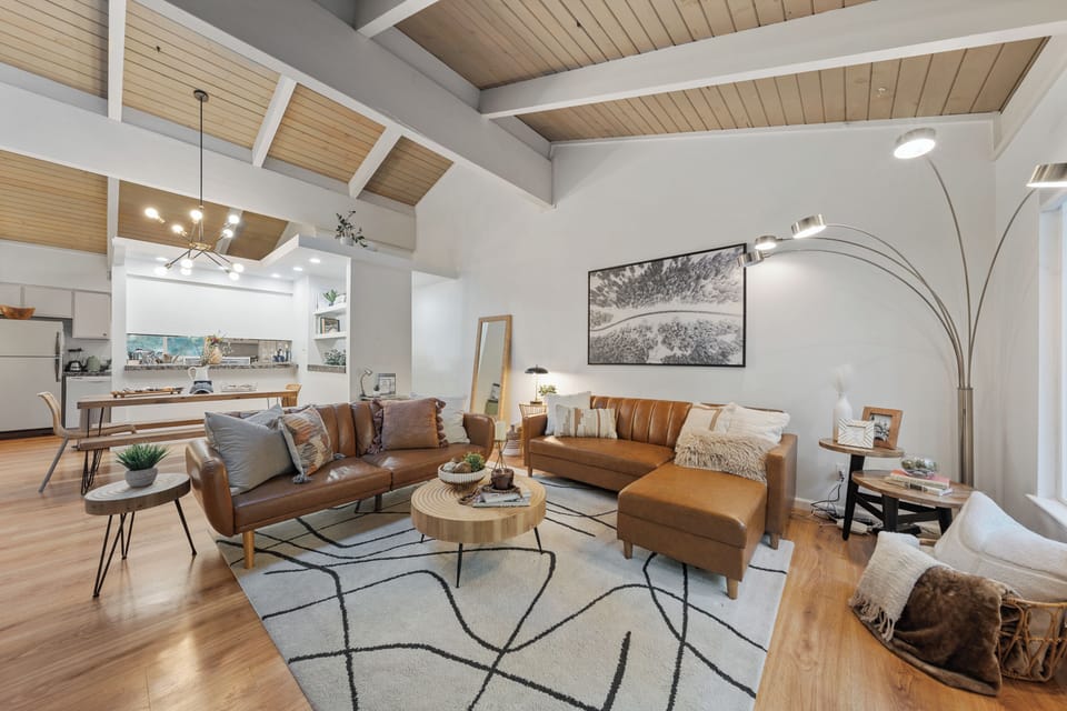 Open floor plan with modern interior design.