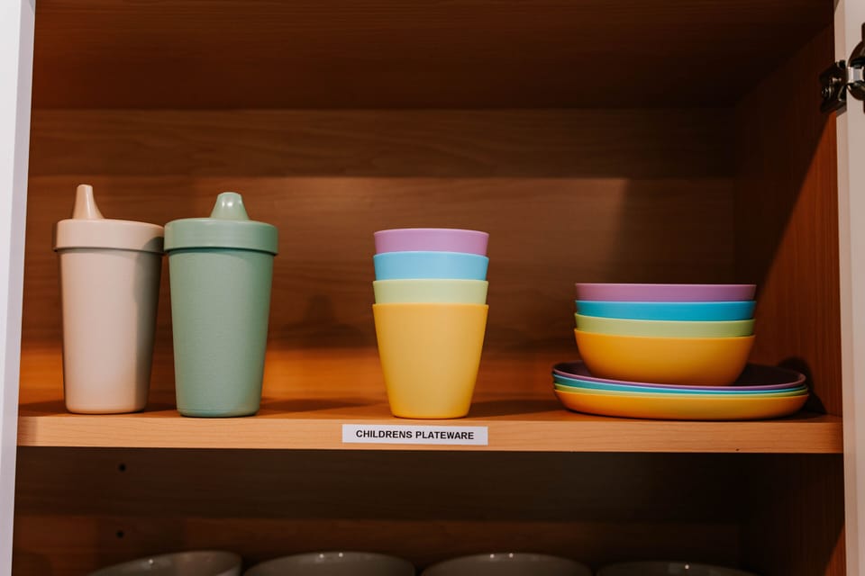 Colorful kids’ plates, bowls, and cups make mealtime fun and easy.