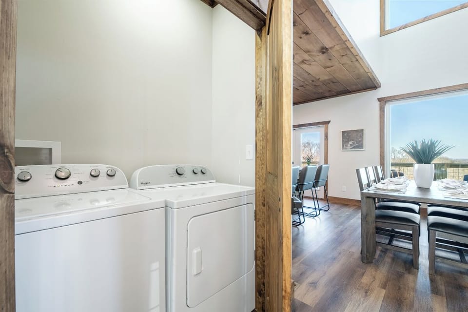 Your in-unit washer and dryer keep your favorite outfits fresh throughout your stay in this beautiful beamed space.