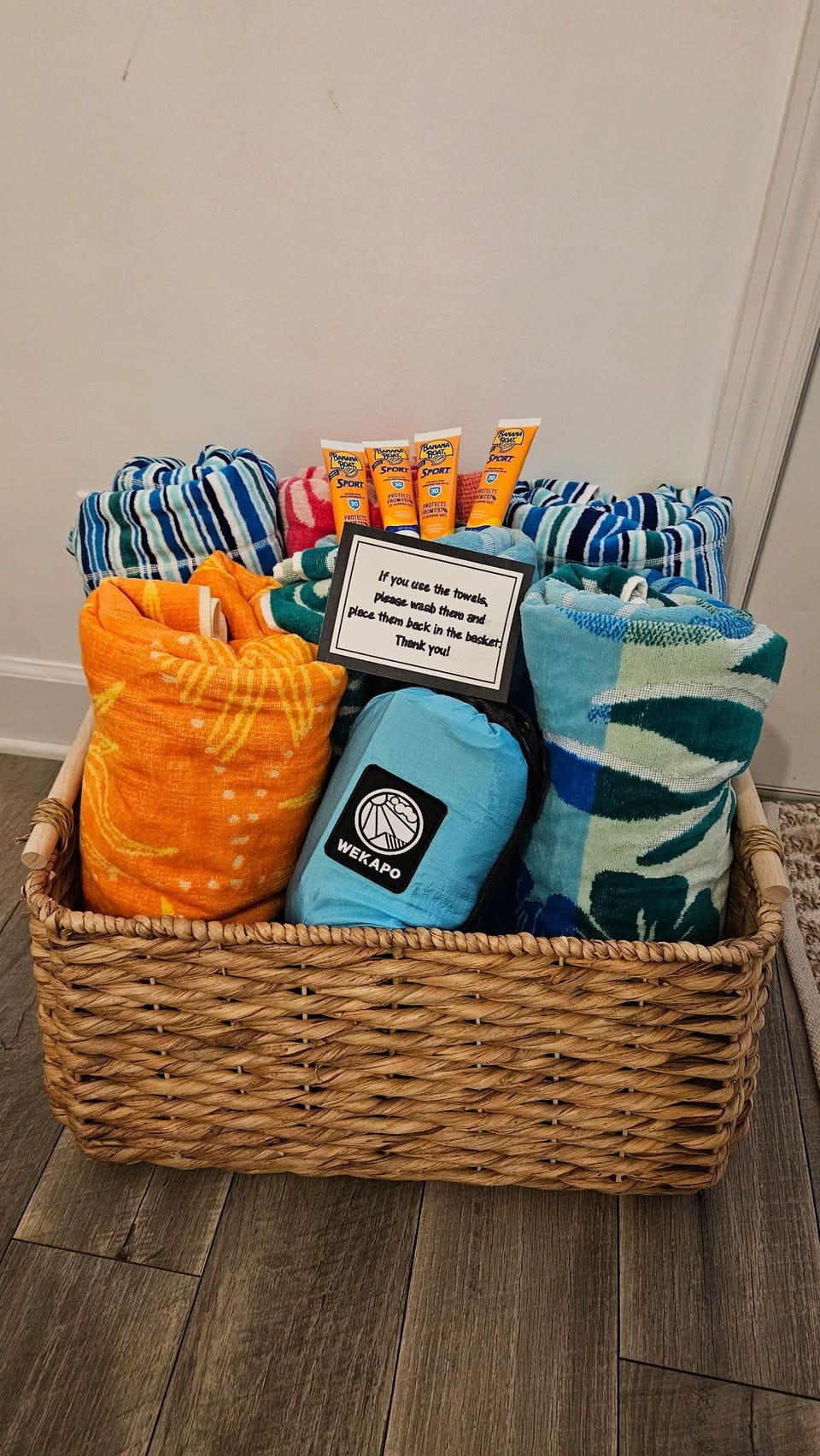 Beach towels and starter sunblock provided