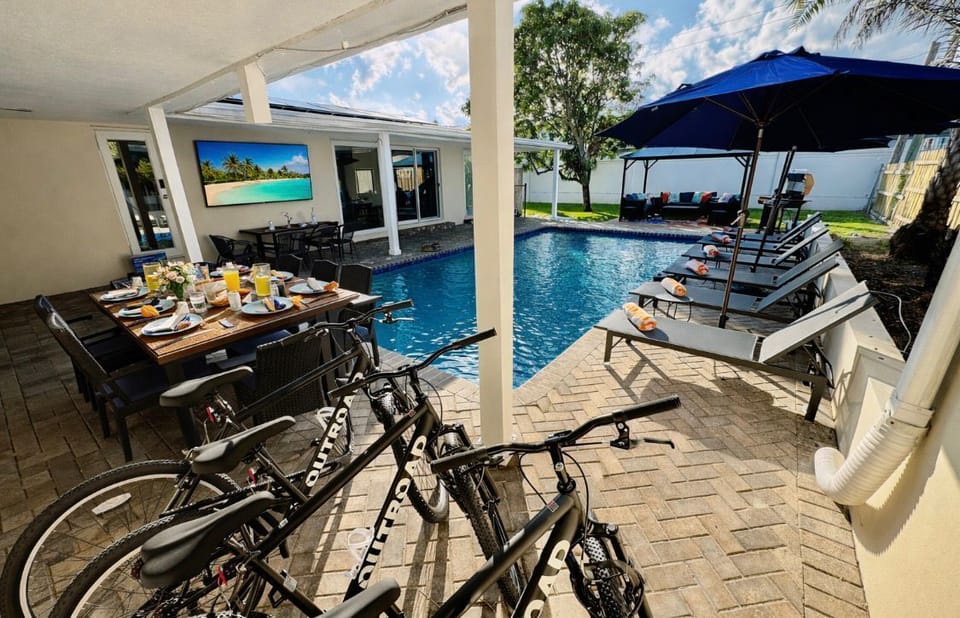 Our backyard offers multiple possibilities.  Group meals, outdoor TV, bikes