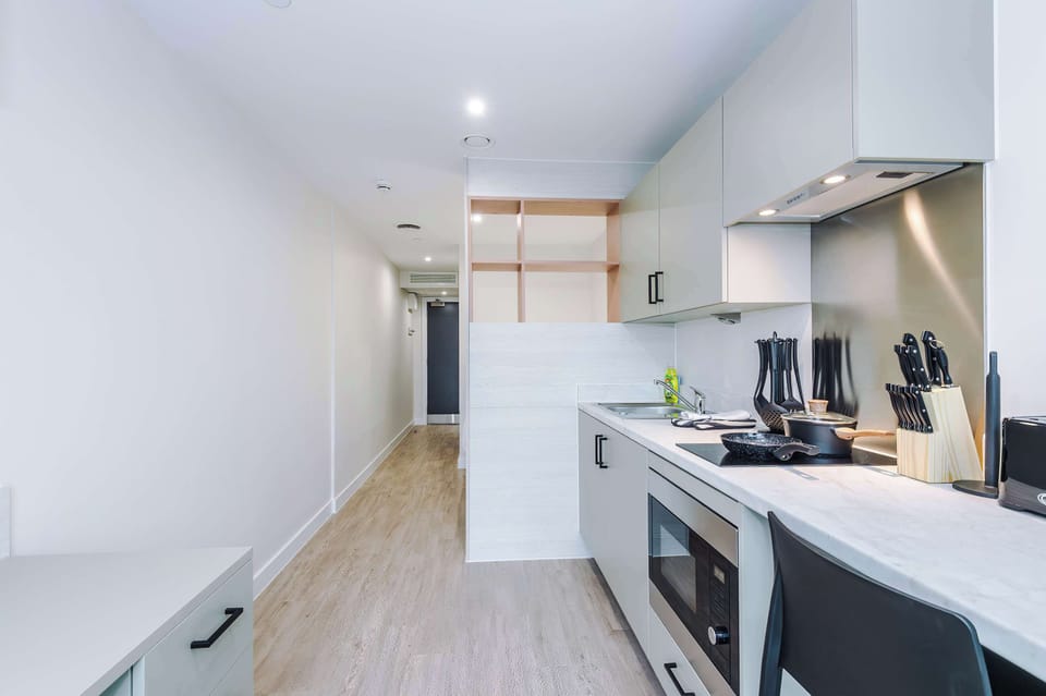 Open-plan studio layout showing kitchenette, workspace and modern finishes designed for efficient city living.