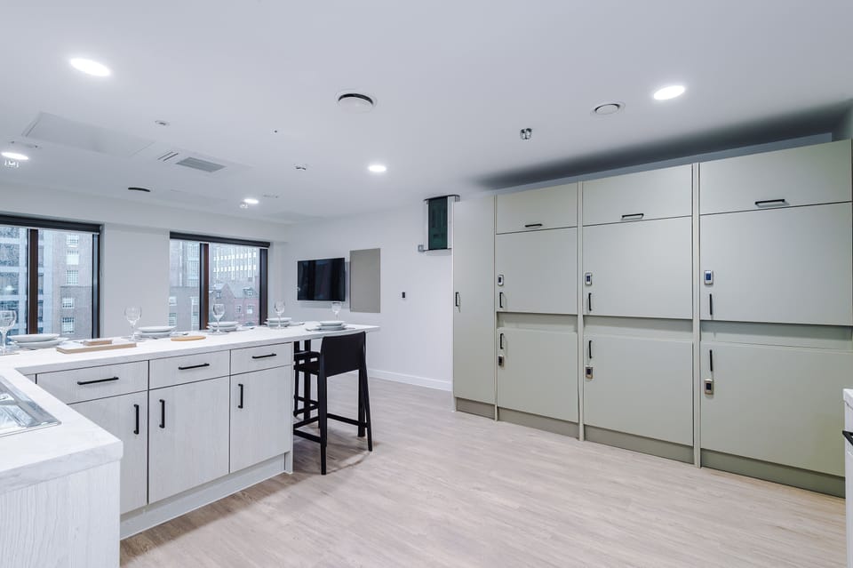 Large shared kitchen designed for longer stays and group living