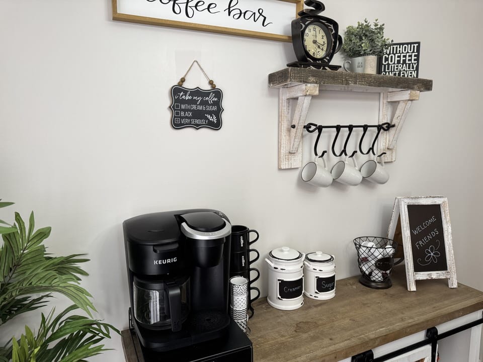 K-cups, filters, and grounds are supplied. 