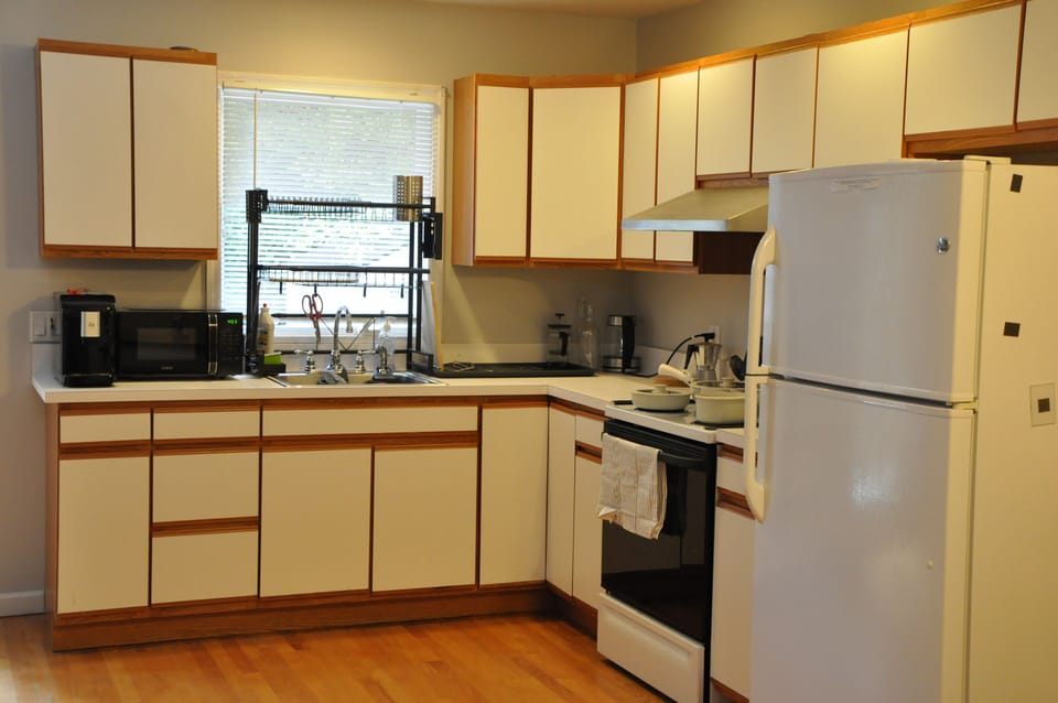 Kitchen area with coffee machine, microwave, dish basin, stove and fridge

