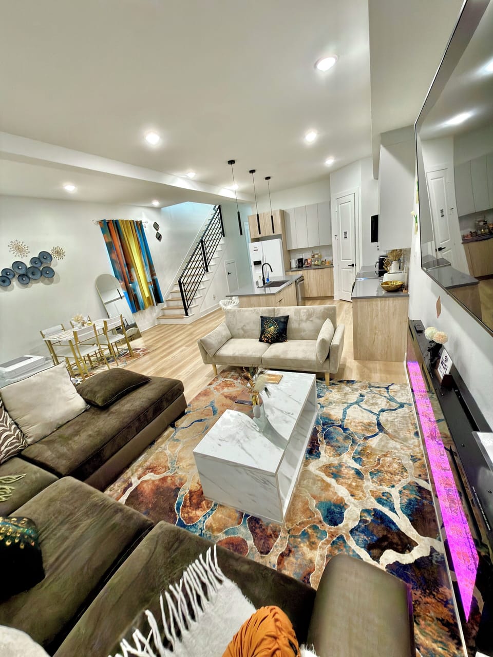 75 inch smart tv, fire place, pull out couch & sectional couch
