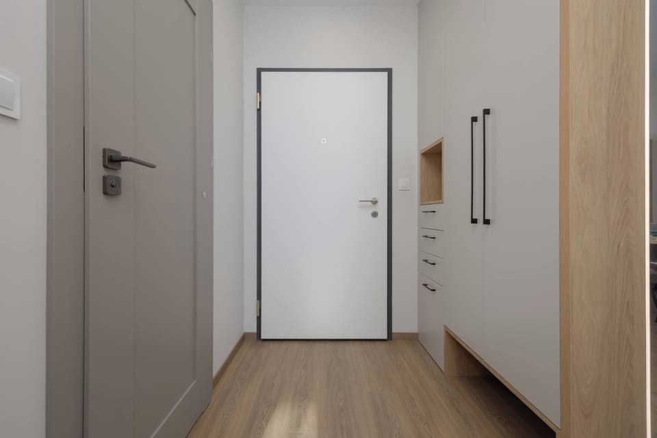 Minimalist entrance hallway with light wood tones and clean design.