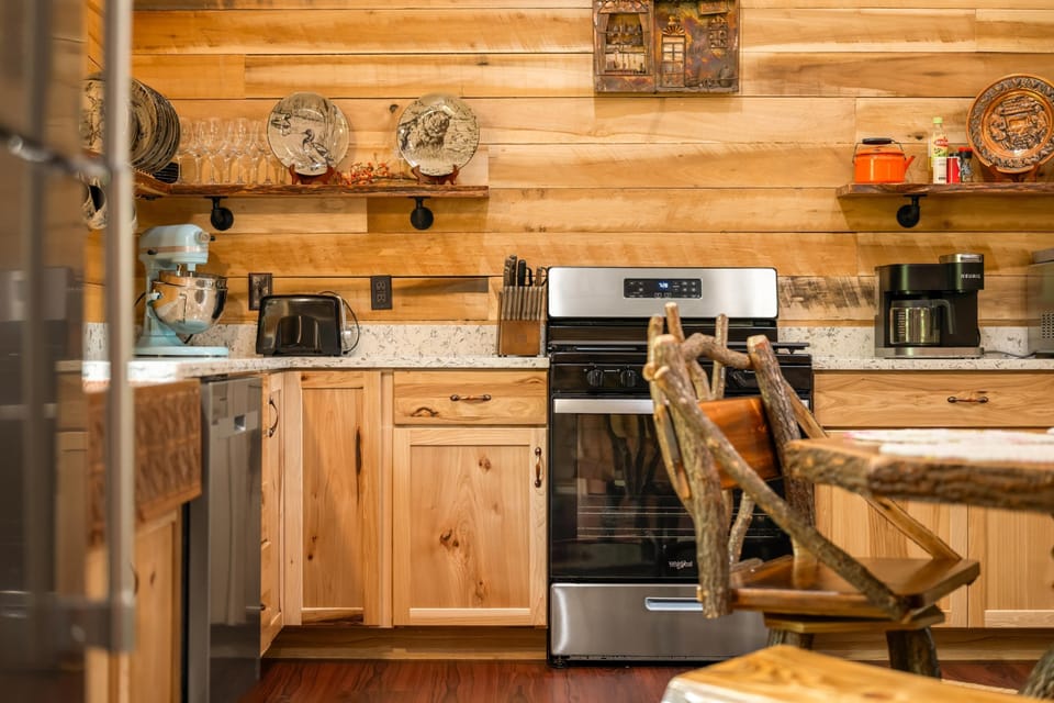 Cozy rustic kitchen with warm wood accents and modern appliances