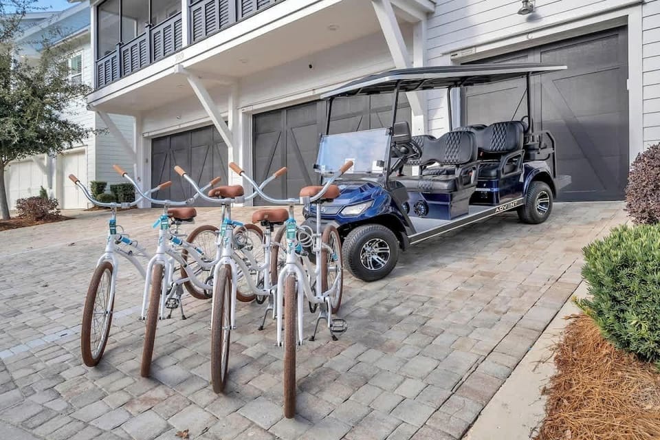 6-seater golf cart and 4 adult bicycles included complimentary to enjoy scenic 30a!