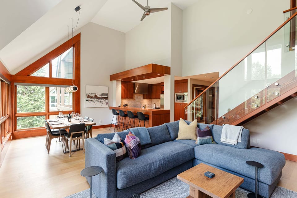 Open Kitchen/Living/Dining Room - with fully equipped kitchen, gas fireplace, smart TV with cable and streaming and access to your private patio.
