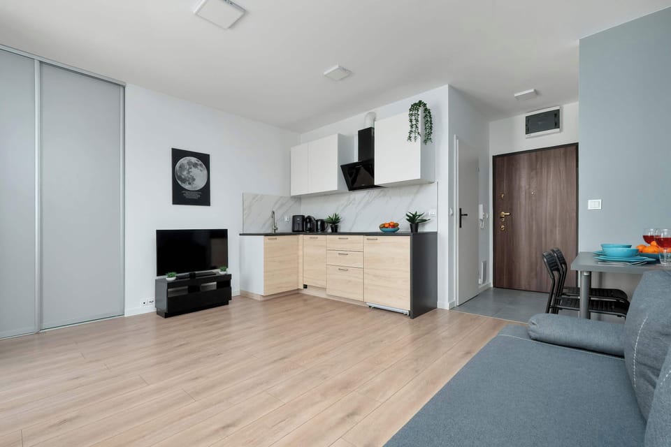 Open studio layout with kitchenette, dining area and entrance hallway visible.