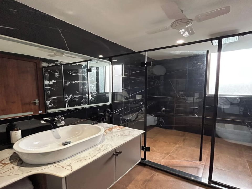 Shower, towels, soap, shampoo