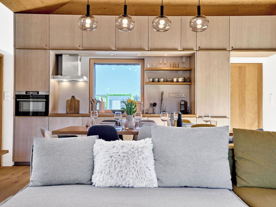 Furniture, Interior Design, Flooring, Kitchen, Wood, Light Fixture, Floor, Ceiling, Countertop, Kitchen & Dining Room Table
