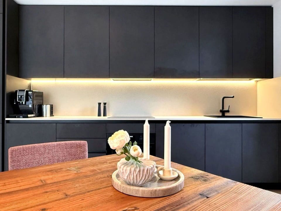 Kitchen, Countertop, Interior Design, Furniture, Flooring, Wood, Cabinetry, Kitchen Appliance, Lighting, Floor