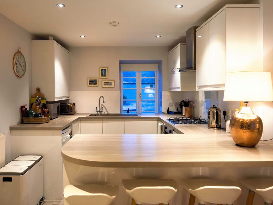 Furniture, Interior Design, Countertop, Kitchen, Flooring, Kitchen Appliance, Cabinetry, Wood, Light Fixture, Ceiling