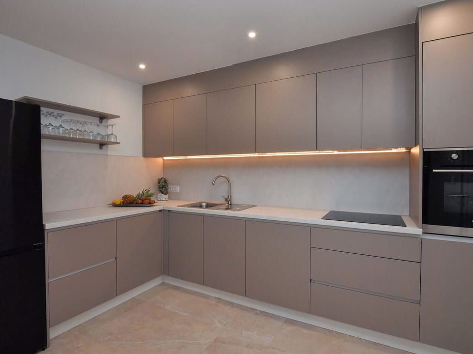 Kitchen, Cabinetry, Kitchen Appliance, Interior Design, Countertop, Wood, Major Appliance, Ceiling, Flooring, Light Fixture