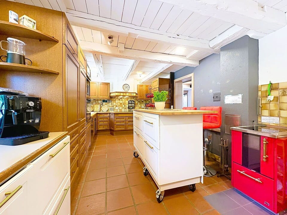 Flooring, Interior Design, Furniture, Kitchen, Wood, Ceiling, Floor, Countertop, Major Appliance, Cabinetry