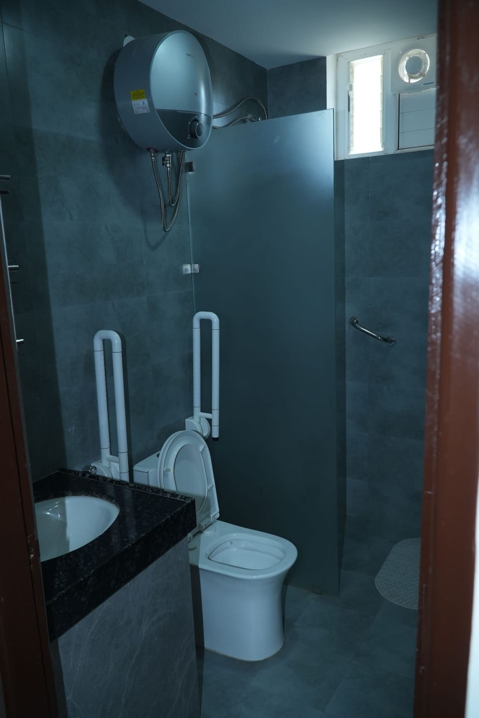 Hair dryer, towels, soap, shampoo
