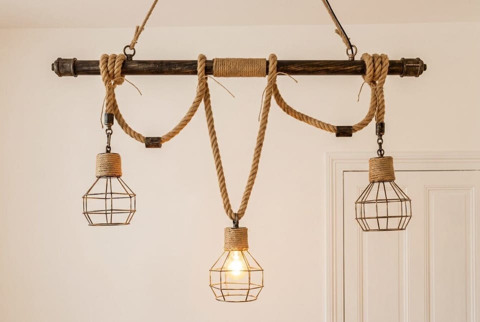 Characterful rope-and-cage pendant lighting adds rustic charm throughout.