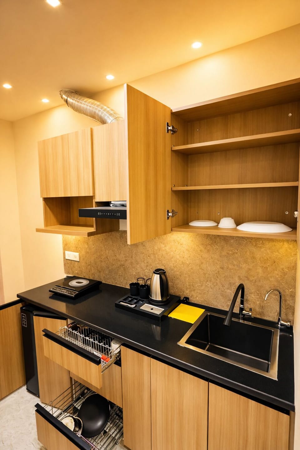 Mini-fridge, microwave, dishwasher, cookware/dishes/utensils