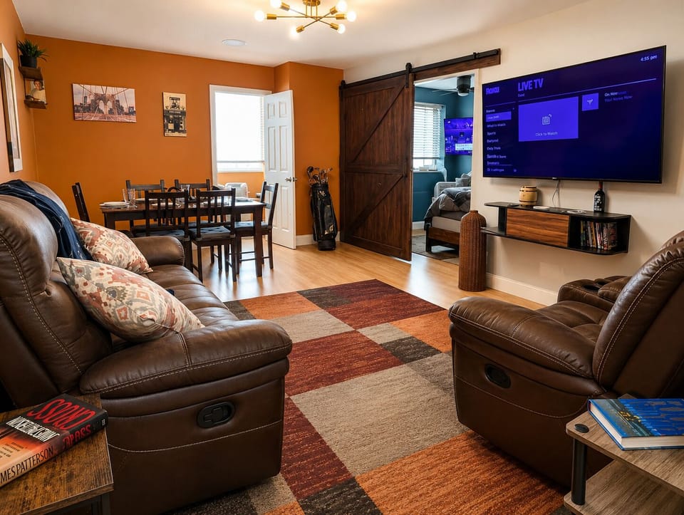Deluxe Apartment, 3 Bedrooms, Pool Access, City View | Living area | 55-inch Smart TV with digital channels