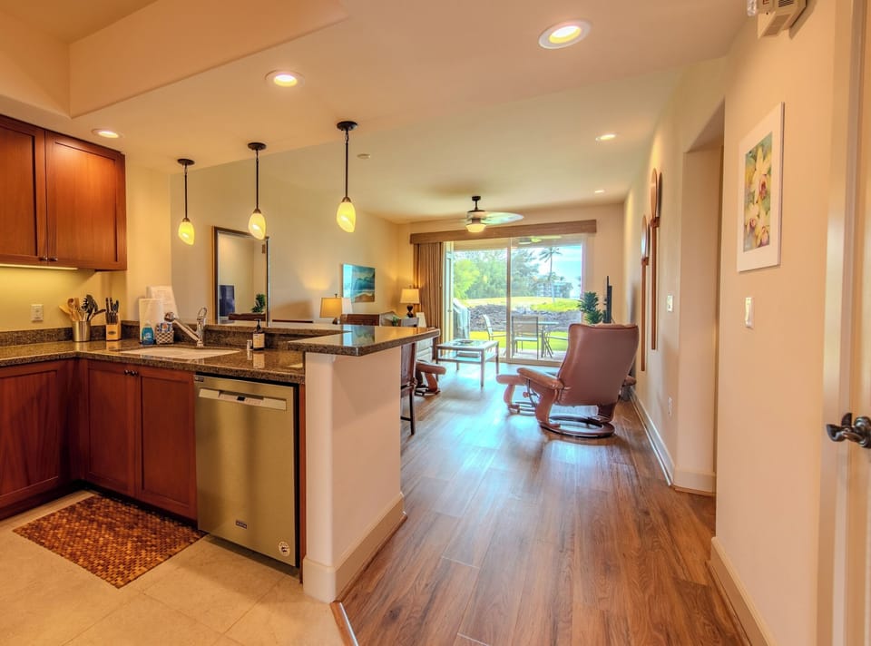 Sip coffee at the counter while the room glows.