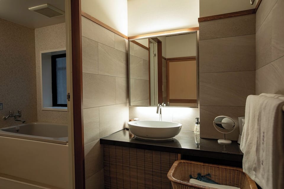 [UJI] - Japanese-Style Two-roomed 70 sqm, with Hot spring Open Air Bath, Non smoking | Bathroom | Separate tub and shower, free toiletries, hair dryer, towels
