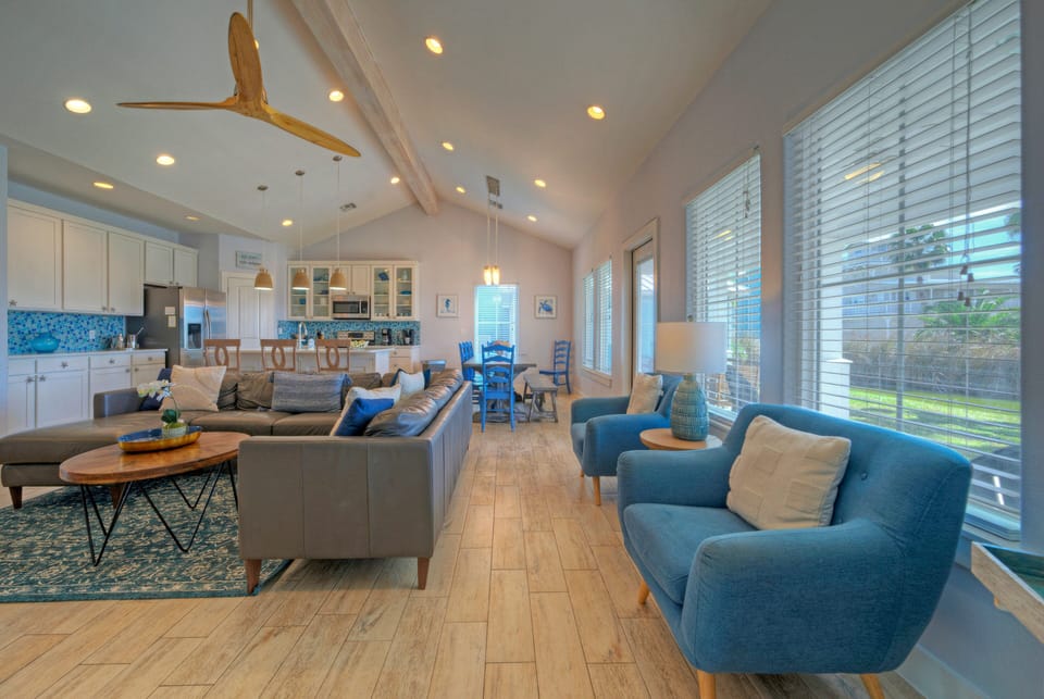 Featuring plush blue armchairs perfect for morning coffee or reading.