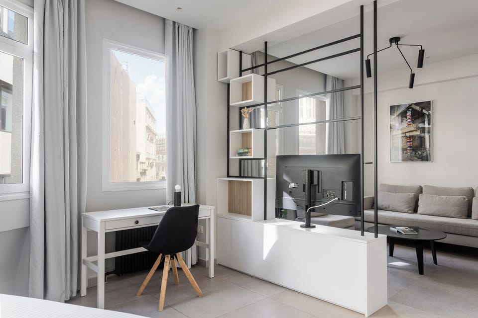 Workspace with living room in the background