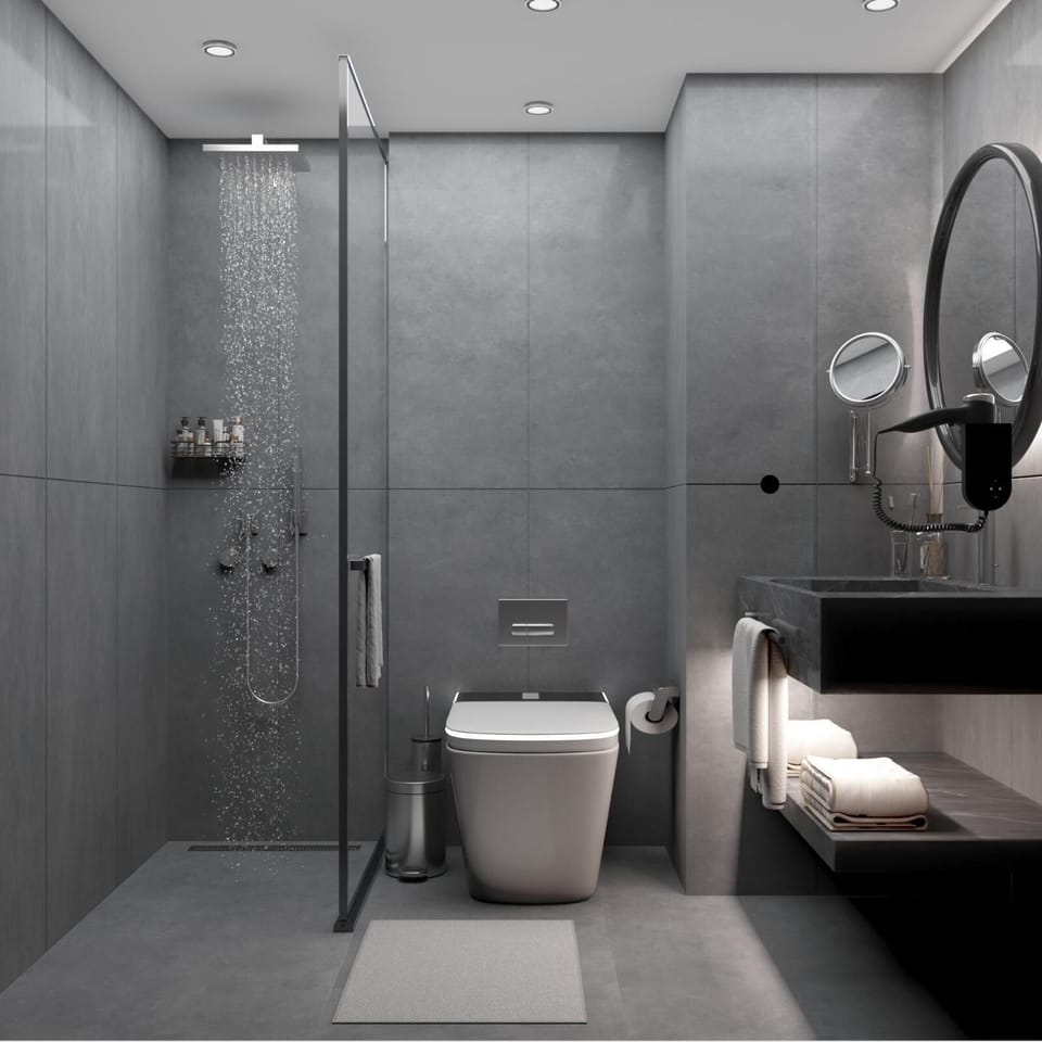 Hair dryer, slippers, towels, soap