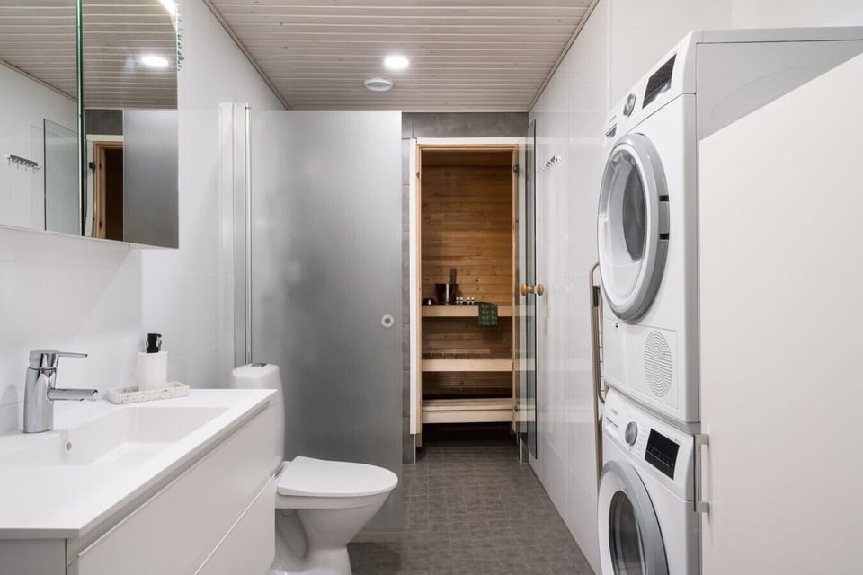 Modern bathroom amenities, including a washing machine and dryer, make your stay hassle-free and allow you to wash and dry your clothes whenever needed.