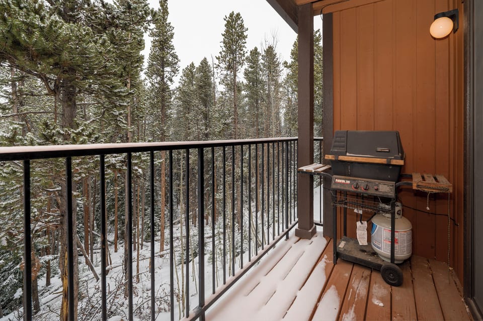 Your private balcony awaits with a gas grill ready for outdoor cooking while you enjoy peaceful winter forest views.