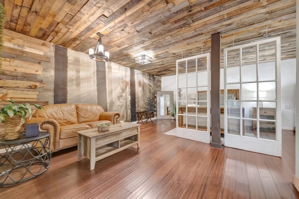 Lounge area with rustic interior details