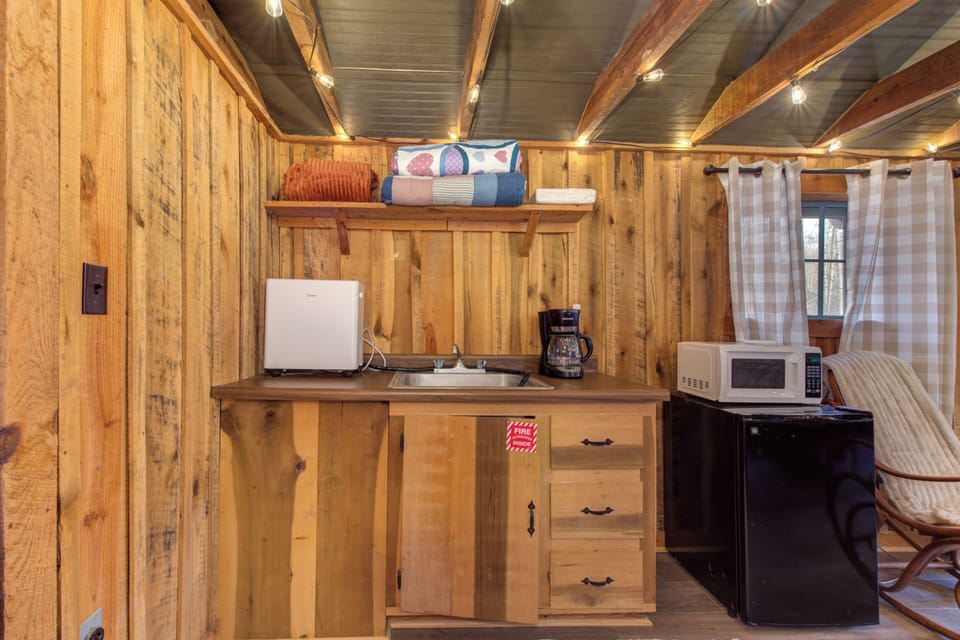Your cozy cabin kitchenette features rustic wood walls, warm lighting, and essential appliances for preparing simple meals during your retreat.
