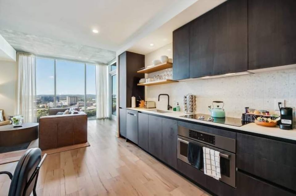 Modern kitchen with full appliances for home-cooked meals