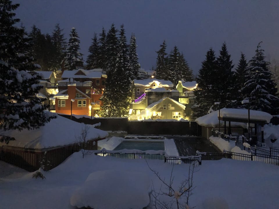The magical wintery scenes of the courtyard in the evening from the balcony