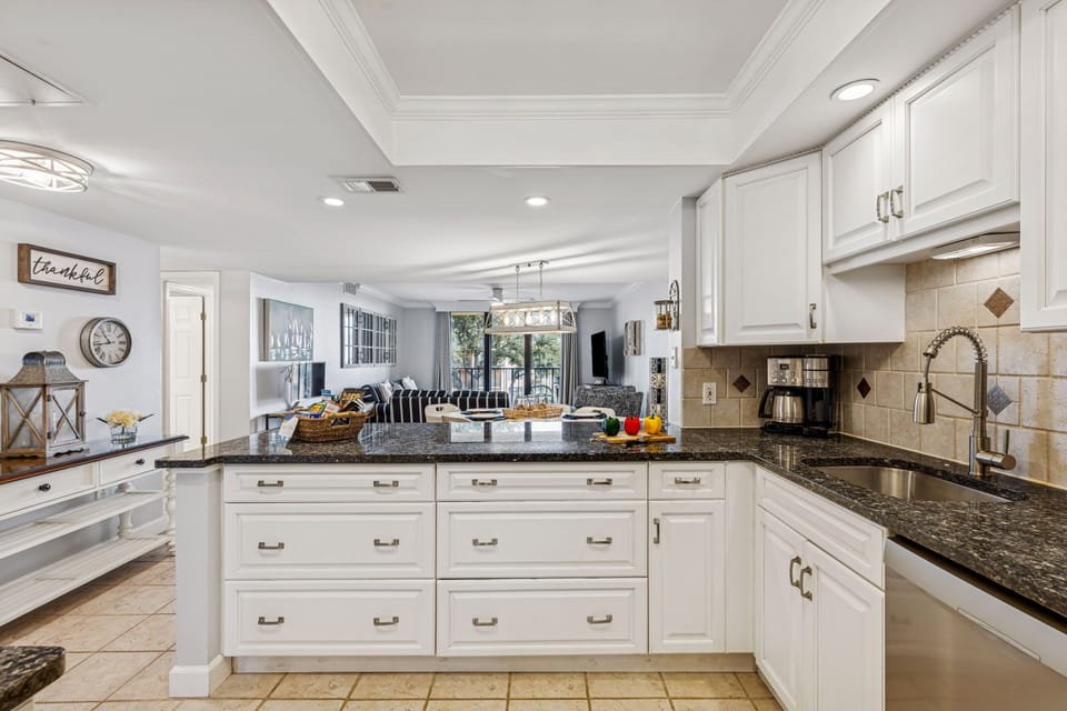 The beautifully updated kitchen blends function and style, making meal prep a breeze