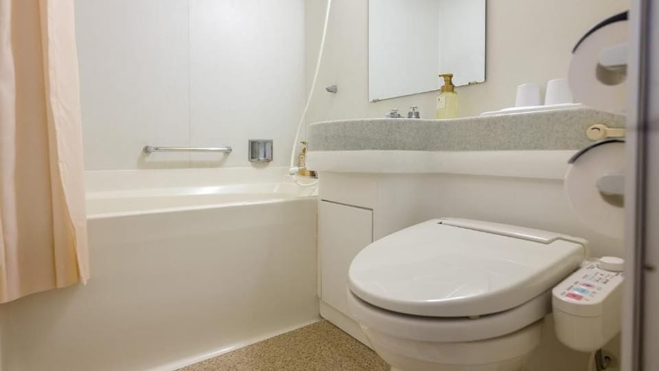 Combined shower/tub, free toiletries, hair dryer, slippers