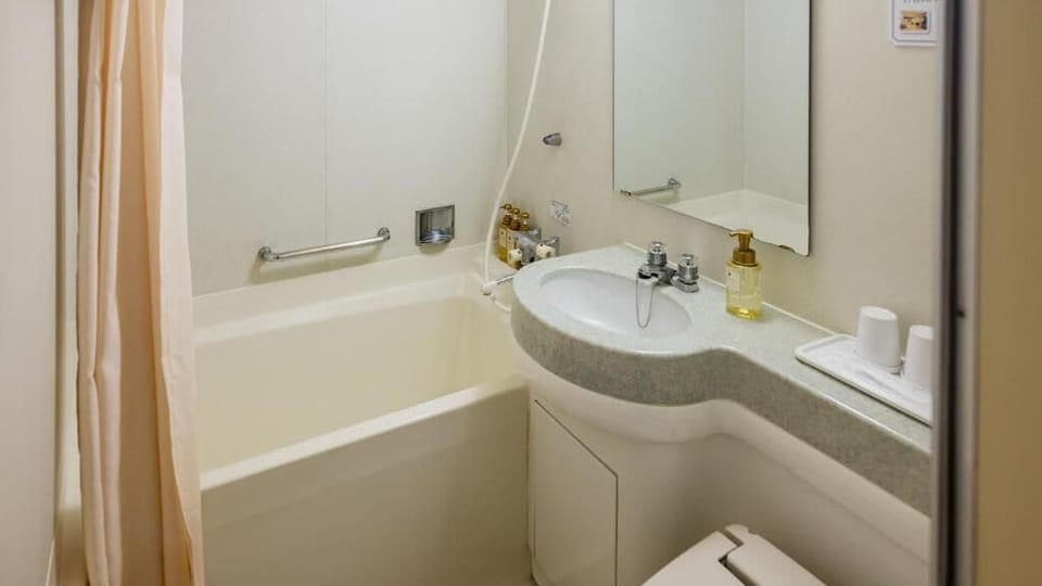 Combined shower/tub, free toiletries, hair dryer, slippers