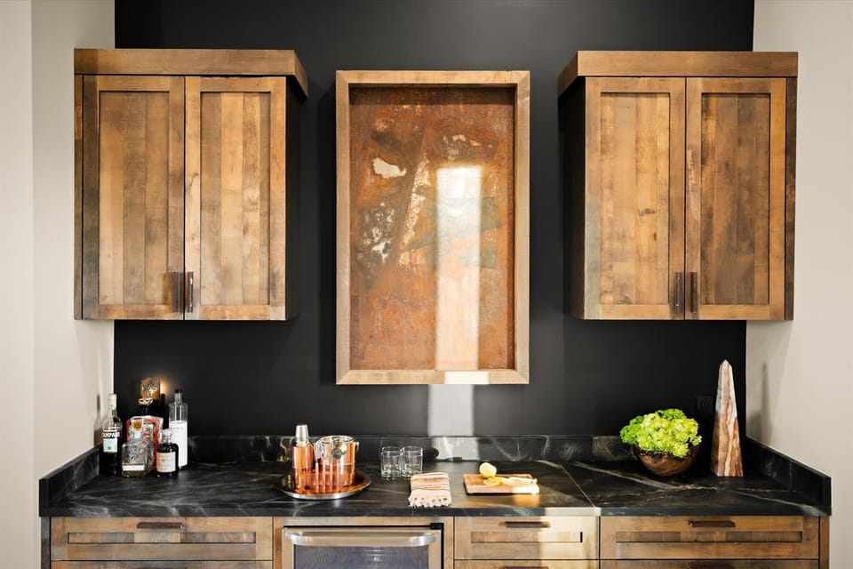 The bar setup includes everything you need for drinks and entertaining