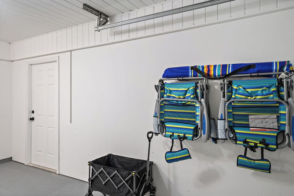 Garage with beach supplies for guests to use.