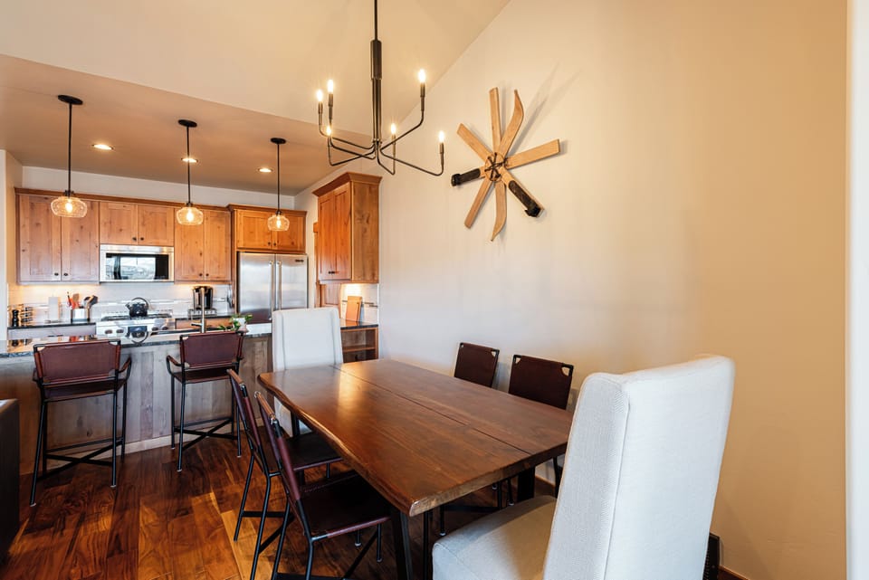 Dining area with seating for six and two seats at the island