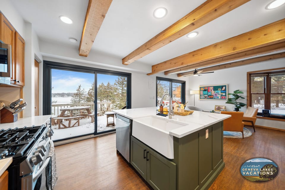 Open concept kitchen to den and dining room