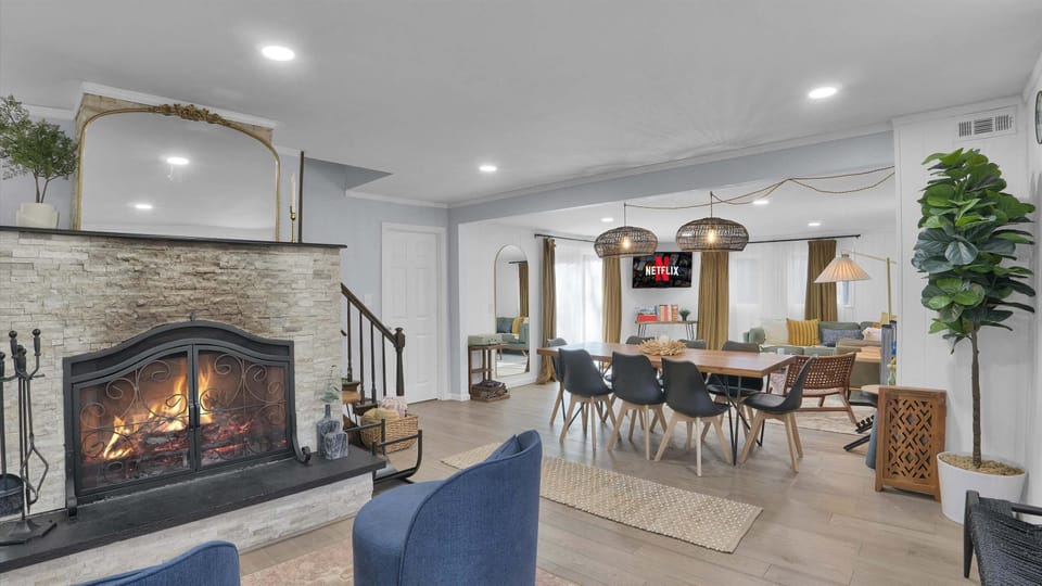Open-Concept Living Room with Stone Fireplace