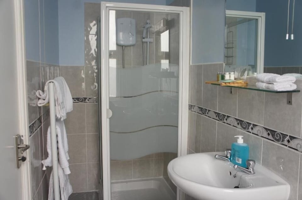 Shower, free toiletries, hair dryer, towels