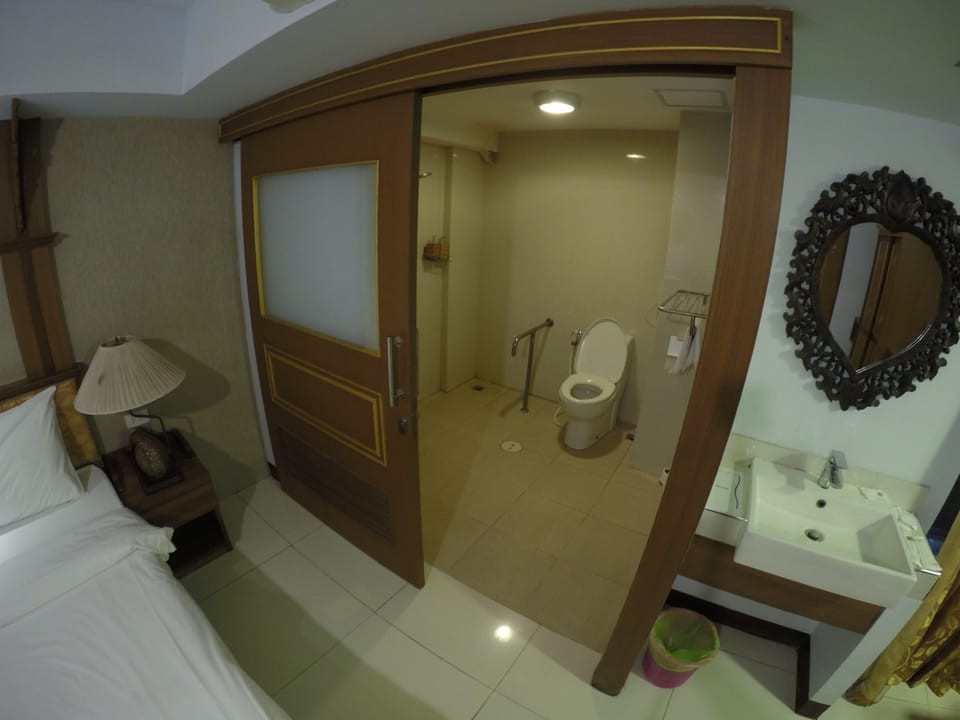 Shower, free toiletries, hair dryer, slippers
