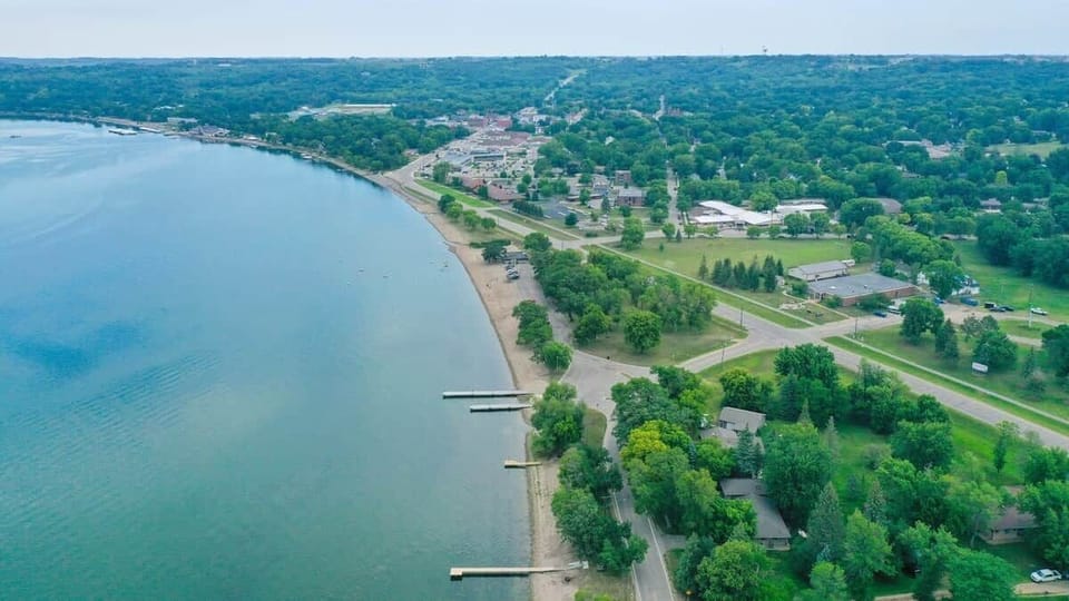 Birds eye view of the lake, city from our beach