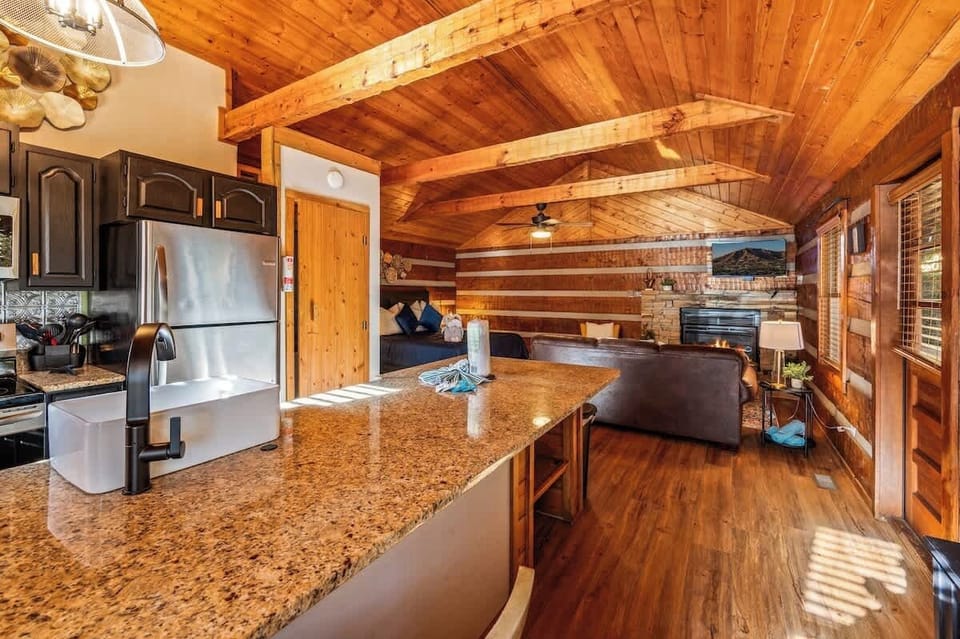 From the kitchen island to the crackling fire, every inch of the cabin is designed for connection.